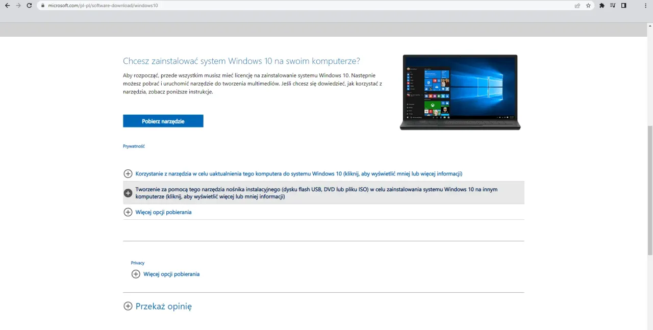 Tworzenie bootowalnego pendrive'a Windows 10 Media Creation Tool