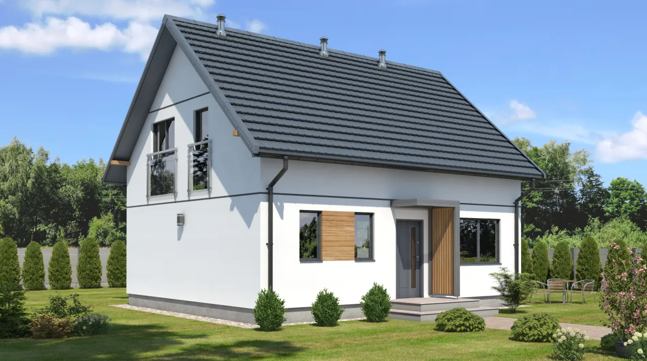 Nowoczesny dom szkieletowy 70m2, otoczony zielenią. Zastanawiasz się, ile kosztuje budowa domu szkieletowego 70m2?