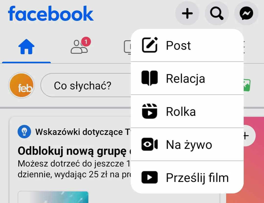 Facebook relacje stories dodawanie zdjęcia interfejs