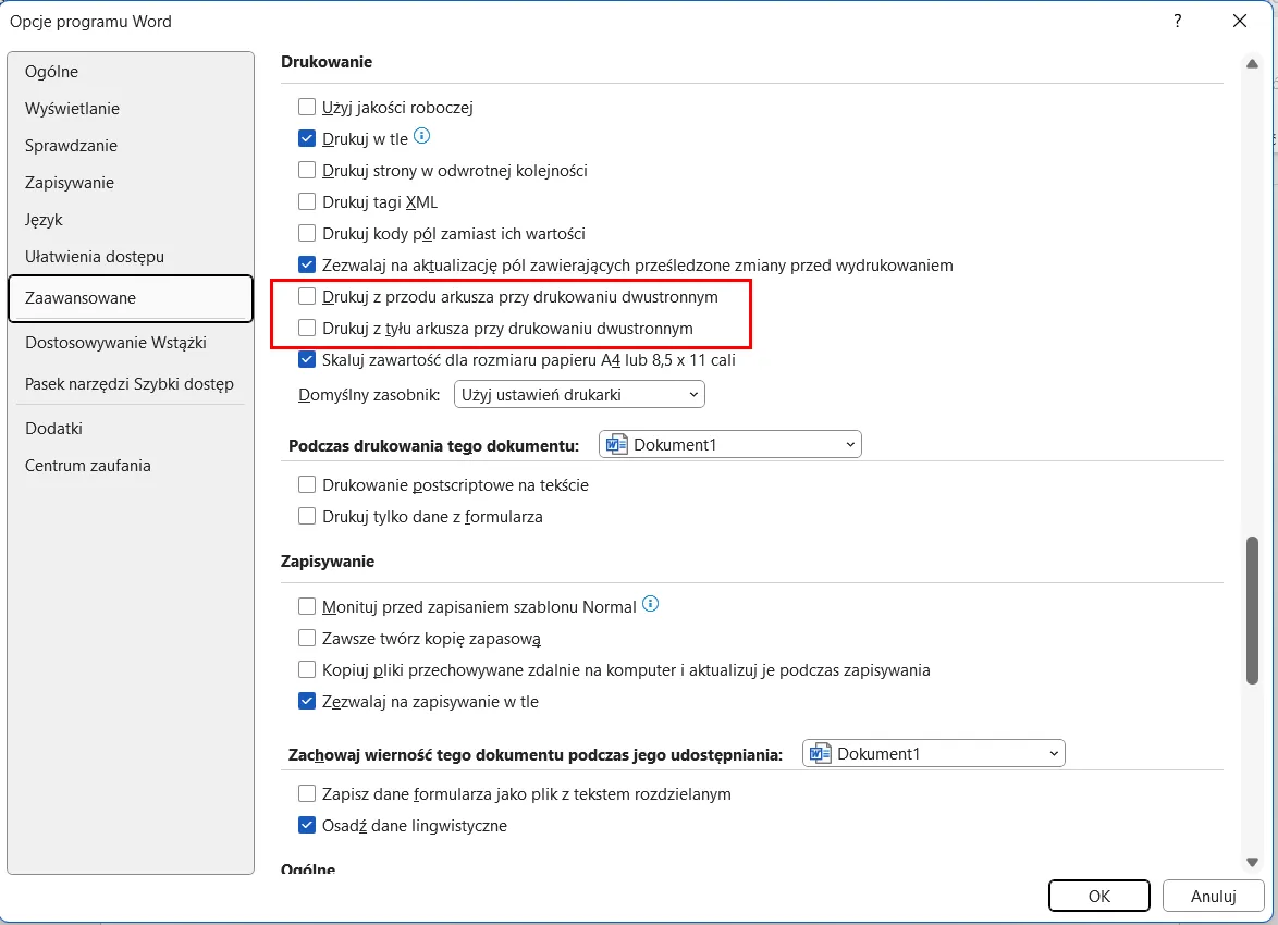 Ustawienia drukowania dwustronnego Word