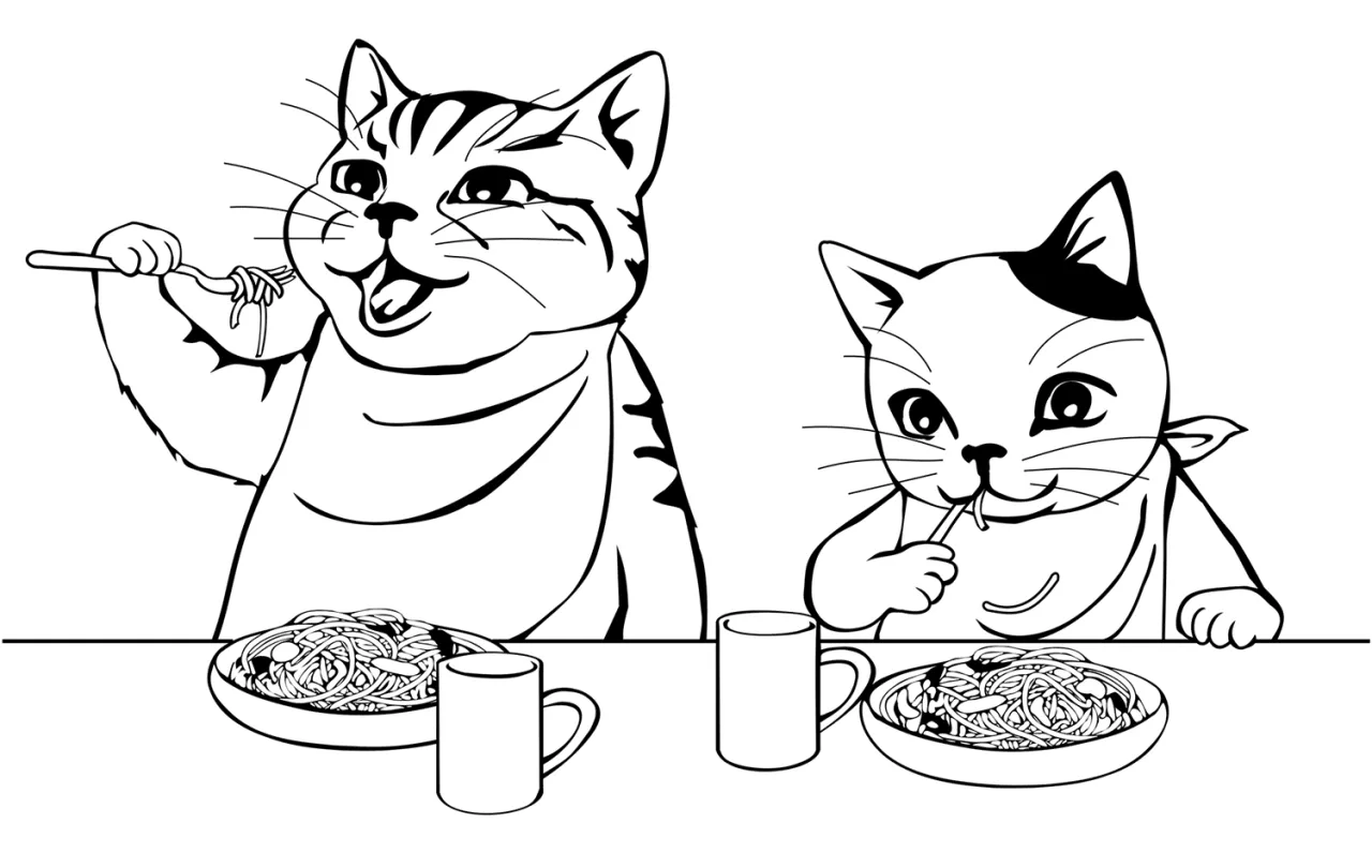 kot jedzący makaron