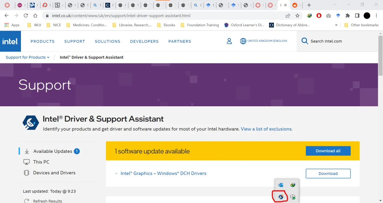 Strona Intel Driver & Support Assistant pokazuje, jak zaktualizować sterowniki procesora Intel. Dostępna jest jedna aktualizacja.