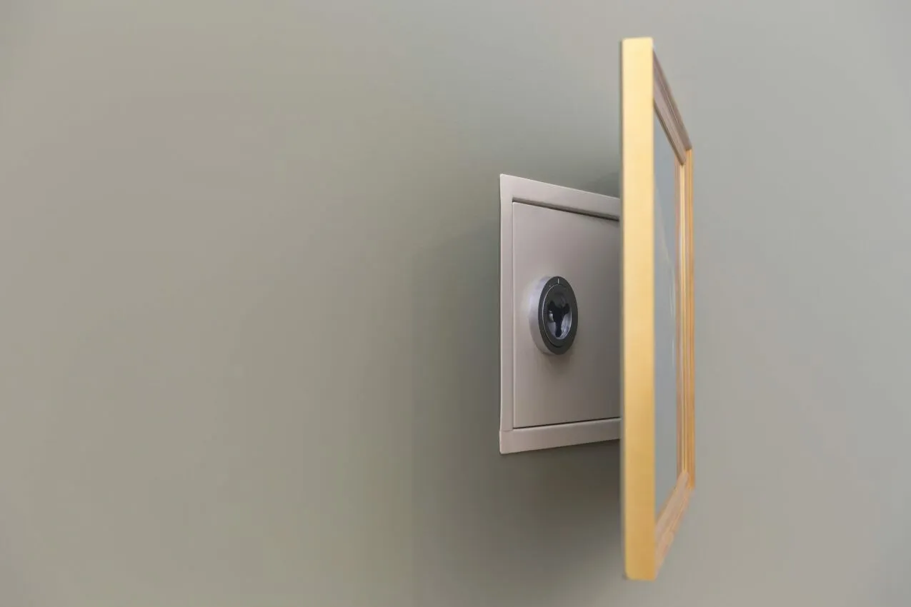 Dyskretny sejf w ścianie, zamaskowany ramą obrazu. Pokazuje, jak zamontować sejf w ścianie, by był niewidoczny.