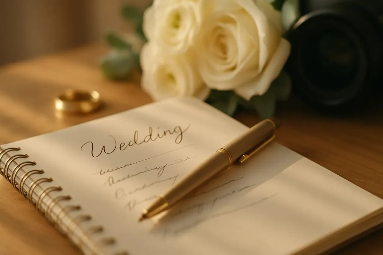 lista pytań do fotografa ślubnego, notatnik i długopis