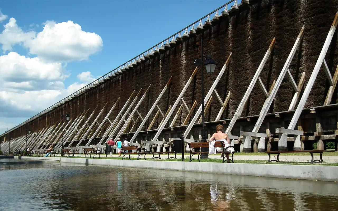 Spacer po tężniach w Ciechocinku to świetny pomysł na to, co zwiedzić. Woda spływa po gałązkach, tworząc leczniczy aerozol.