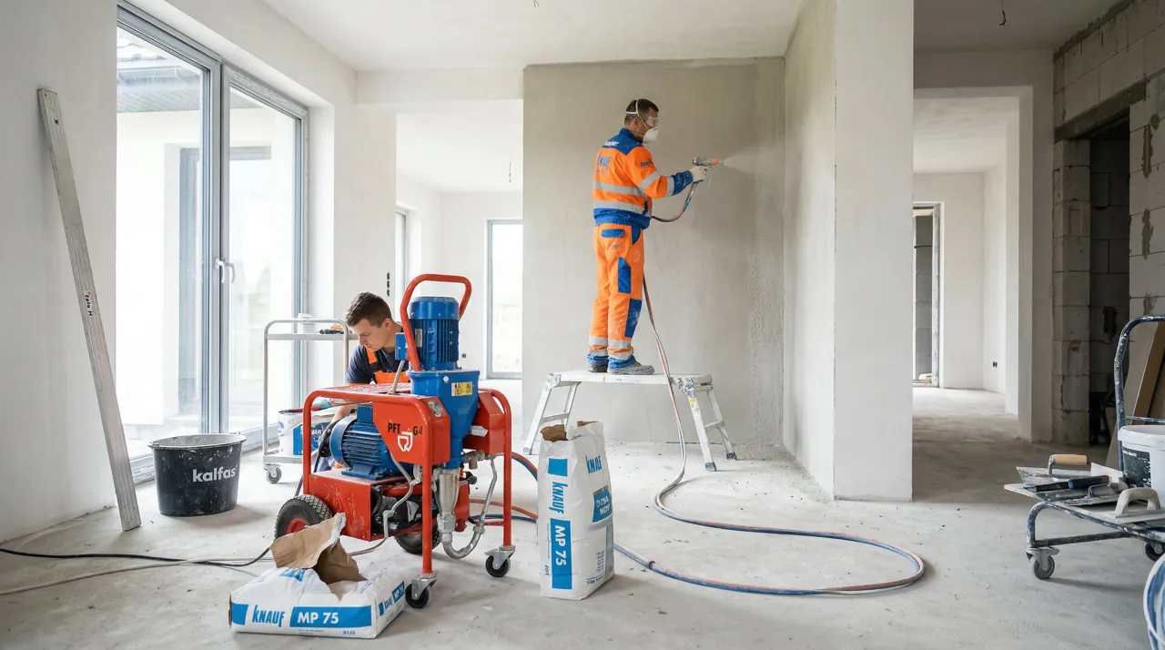 Pracownicy nakładają tynki cementowo wapienne za pomocą agregatu. Worek Knauf MP 75 sugeruje, ile kosztują tynki cementowo wapienne.