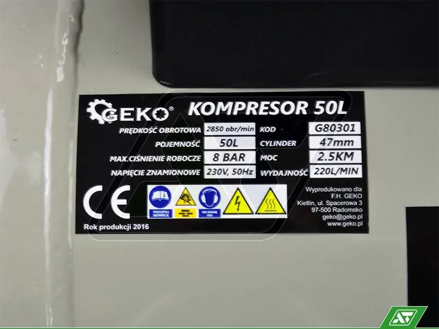 Tabliczka znamionowa kompresora parametry