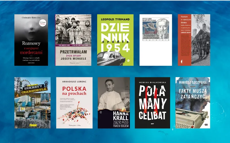 różne gatunki literatury faktu na półce, książki non-fiction okładki