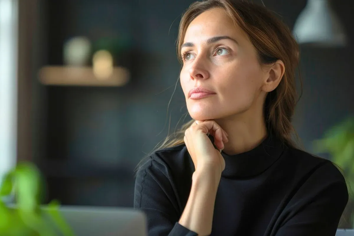 kobieta po 40 roku życia zamyślona, menopauza, wahania nastroju