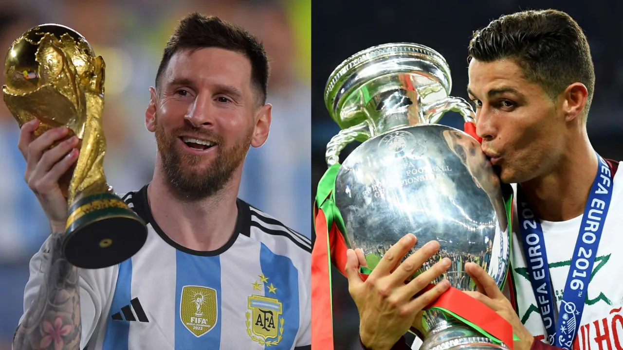 Messi z pucharem Mistrzostw Świata i Ronaldo z pucharem Mistrzostw Europy