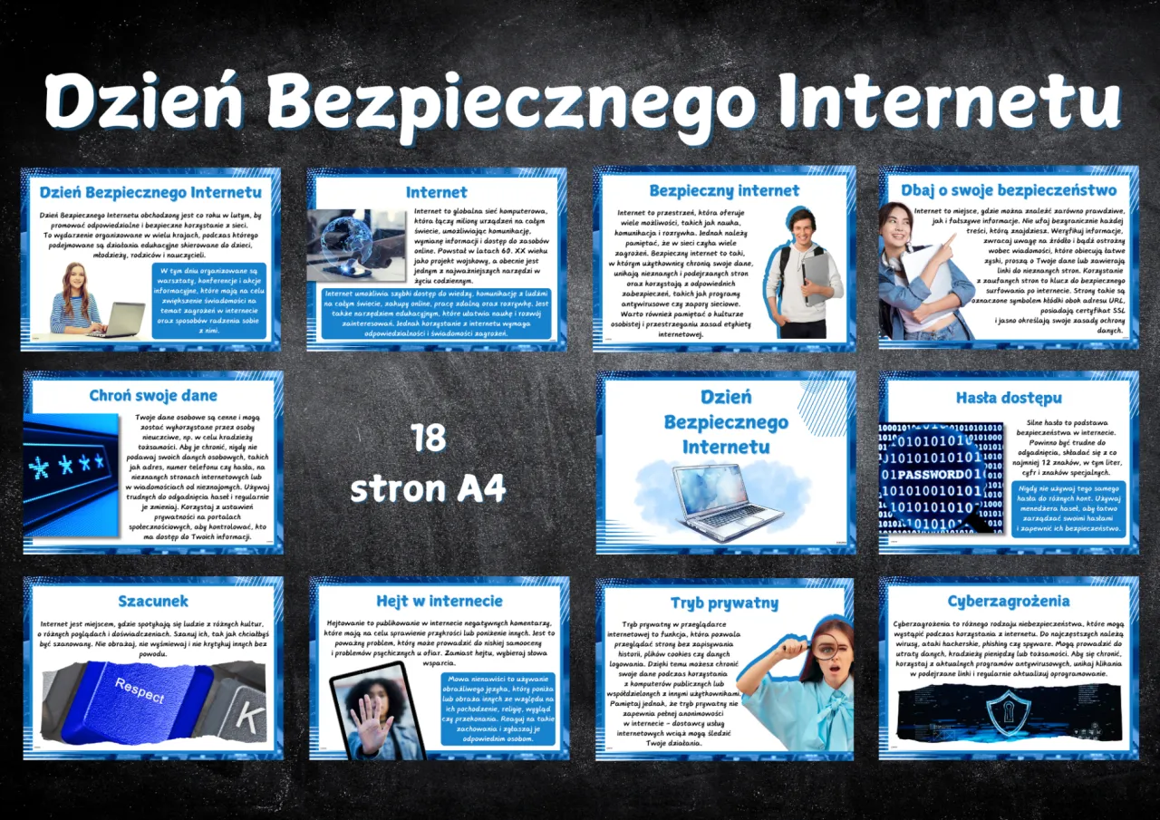 Dzień Bezpiecznego Internetu: zasady bezpiecznego internetu, ochrona danych, szacunek, cyberzagrożenia i prywatność.