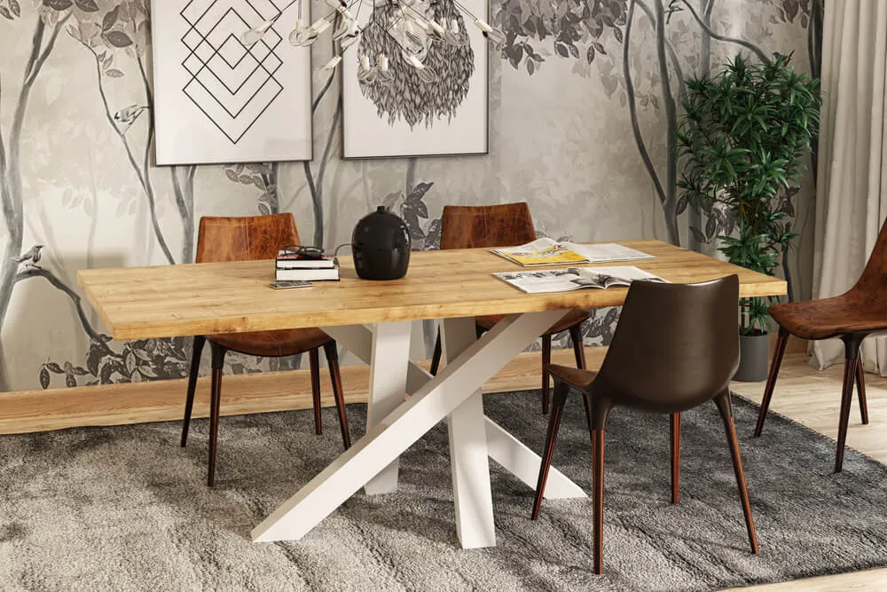 Nowoczesna jadalnia z dębowym stołem i krzesłami w stylu loft