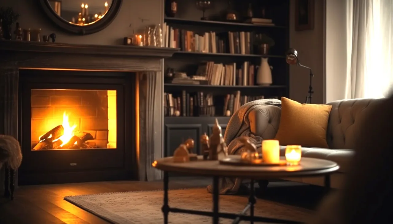 Przytulny salon z palącym się kominkiem. Wkrótce zakaz palenia w kominkach 2030.