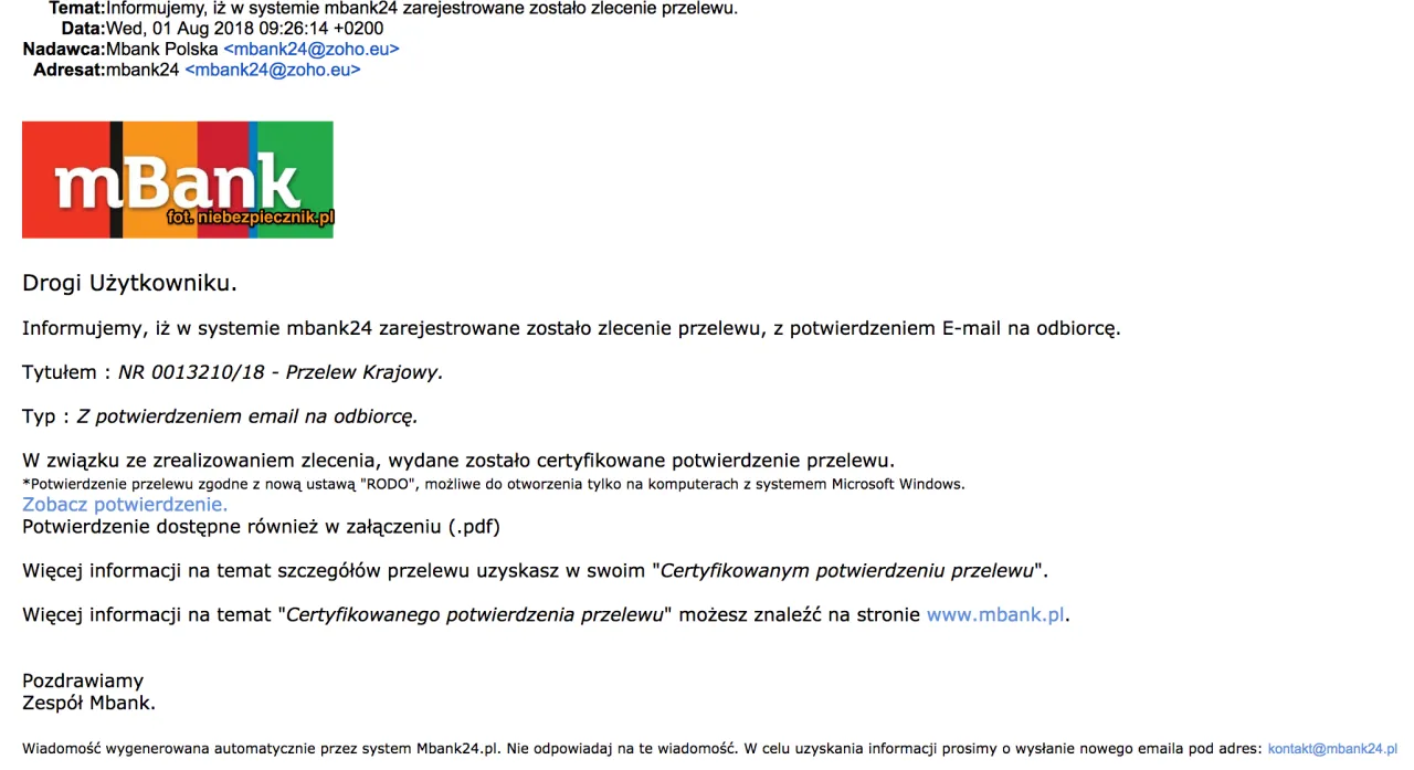 Potwierdzenie przelewu z mbank24, kiedy otrzymać certyfikat.