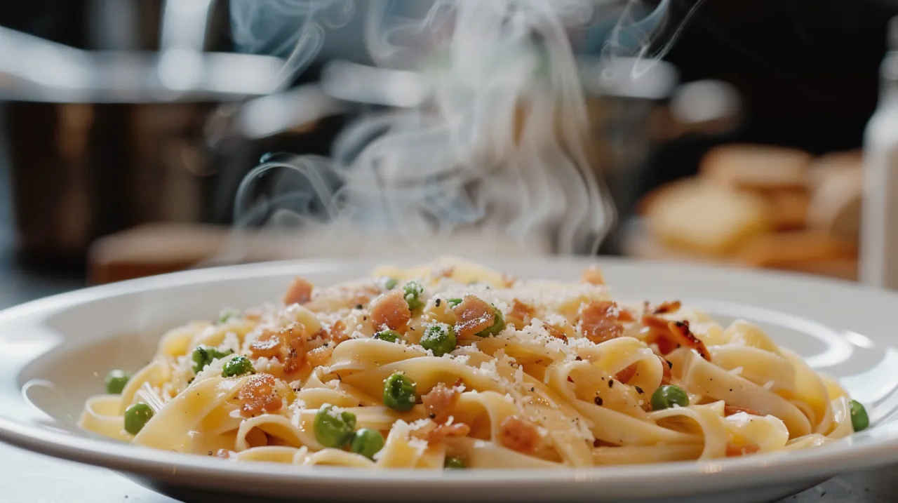 Zdjęcie Tagliatelle w sosie śmietanowym z boczkiem i zielonym groszkiem