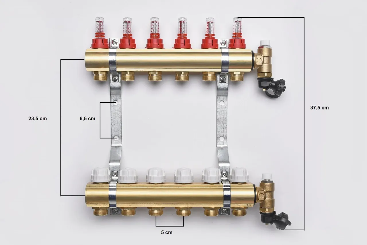 Rozdzielacz ogrzewania podłogowego z rotametrami i odpowietrznikami