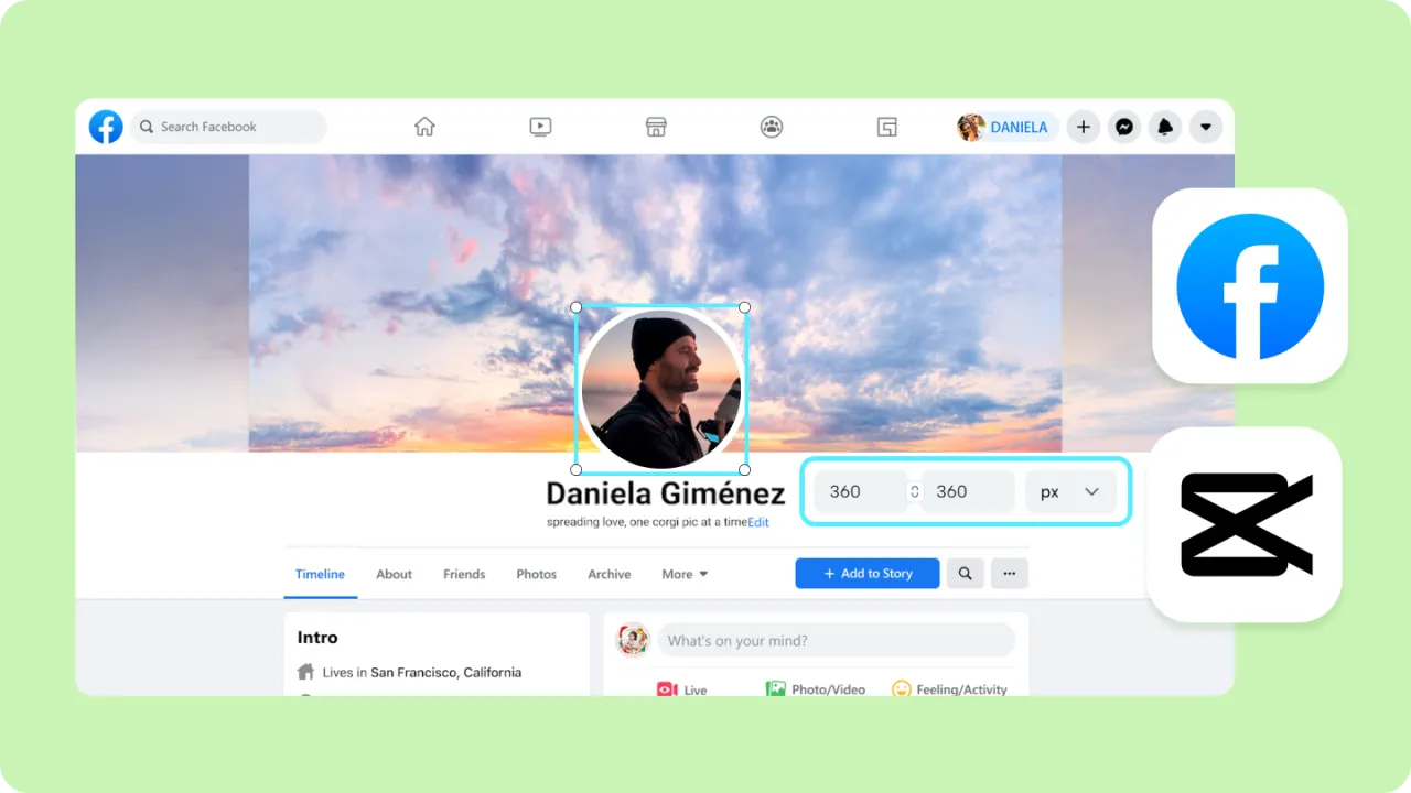 Jak zrobić zdjęcie profilowe na FB? Widok profilu Facebook z edycją zdjęcia, ustawianie rozmiaru 360x360 px.