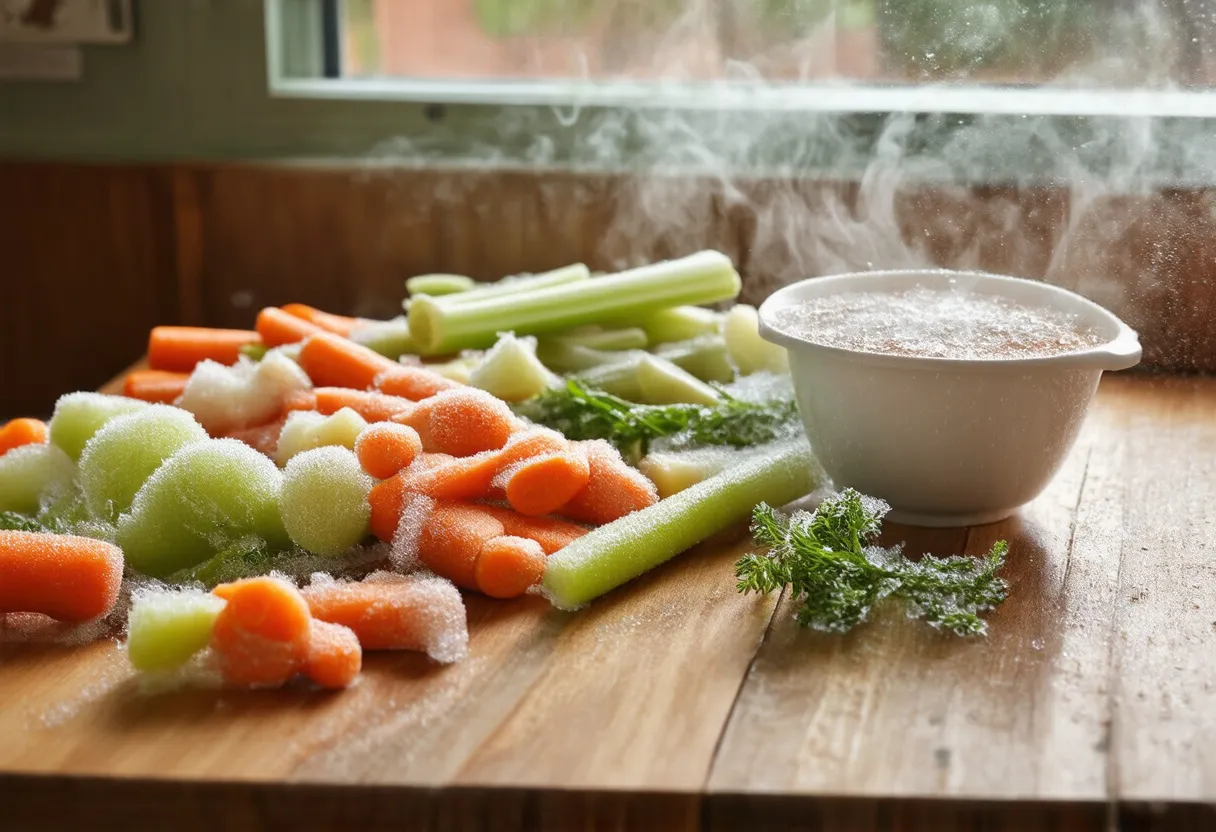 Mrożone warzywa, w tym marchewki, na desce. Pytanie brzmi: czy można mrozić surową marchew?