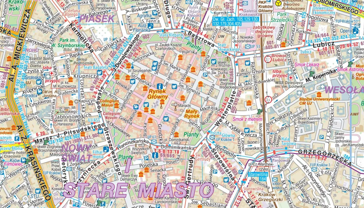 mapa Krakowa z zaznaczonymi punktami fotograficznymi, laboratoria fotograficzne Krak&oacute;w