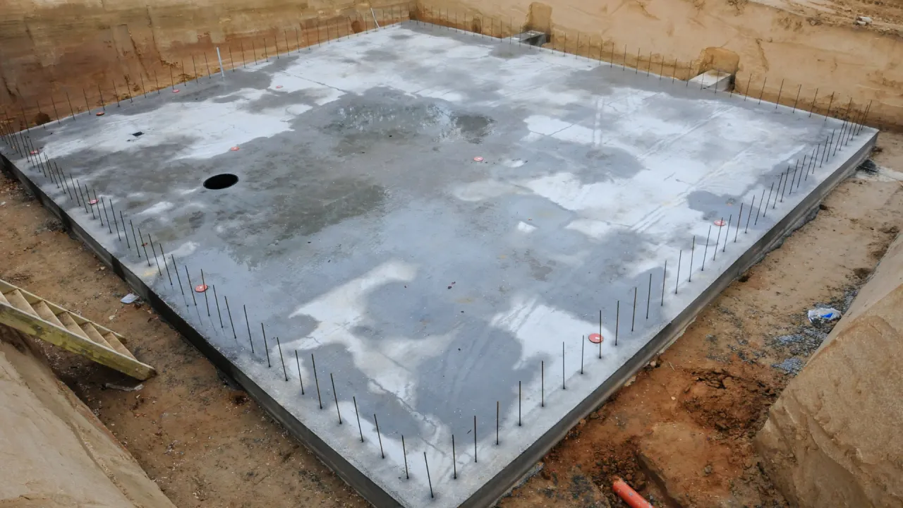 Betonowa płyta fundamentowa z wystającymi prętami zbrojeniowymi, gotowa do dalszych prac. Czy tańsze płyta czy fundament? To pytanie budowlane.