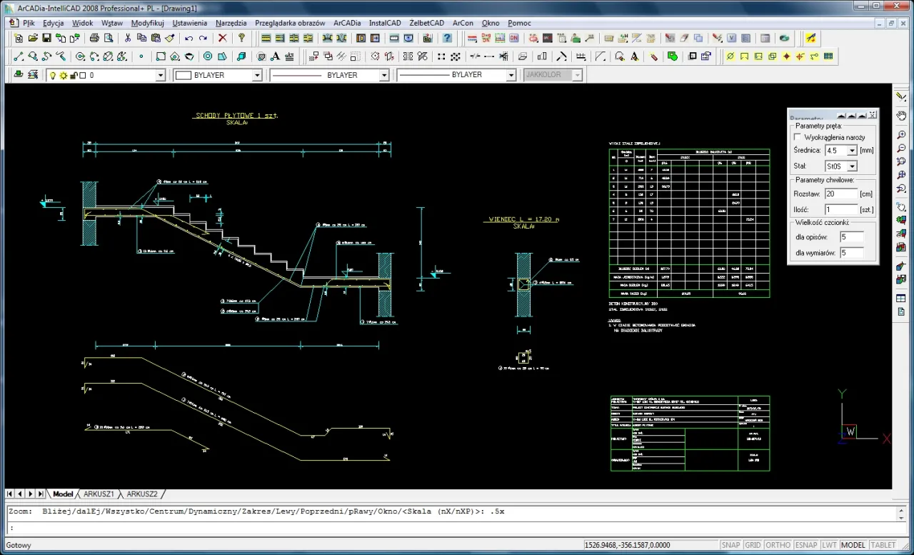 Rysunki techniczne zbrojenia schod&oacute;w żelbetowych, detale konstrukcyjne i zestawienie stali.