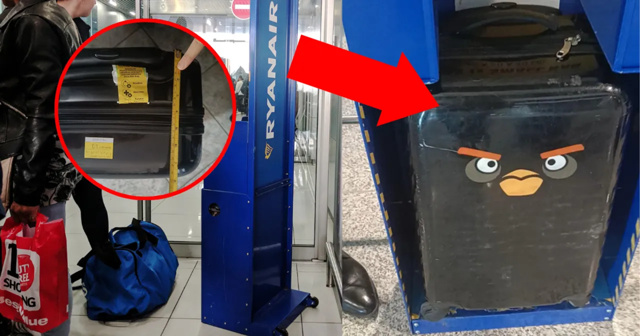 Walizka kabinowa Ryanair z zabawną naklejką z ptaszkiem z Angry Birds, sprawdzana w ramce wymiarowej.