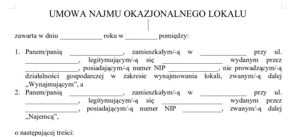 Wz&oacute;r umowy najmu okazjonalnego