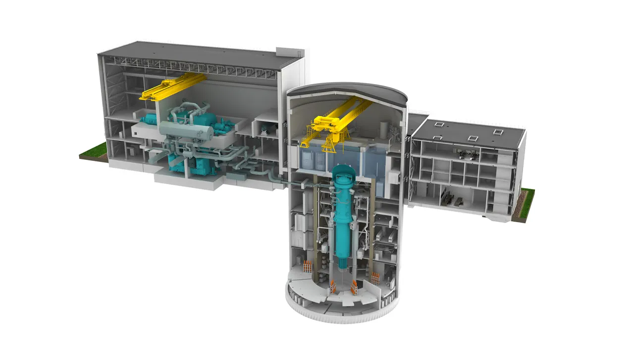 Przekr&oacute;j nowoczesnego reaktora SMR z turbiną i systemami pomocniczymi.