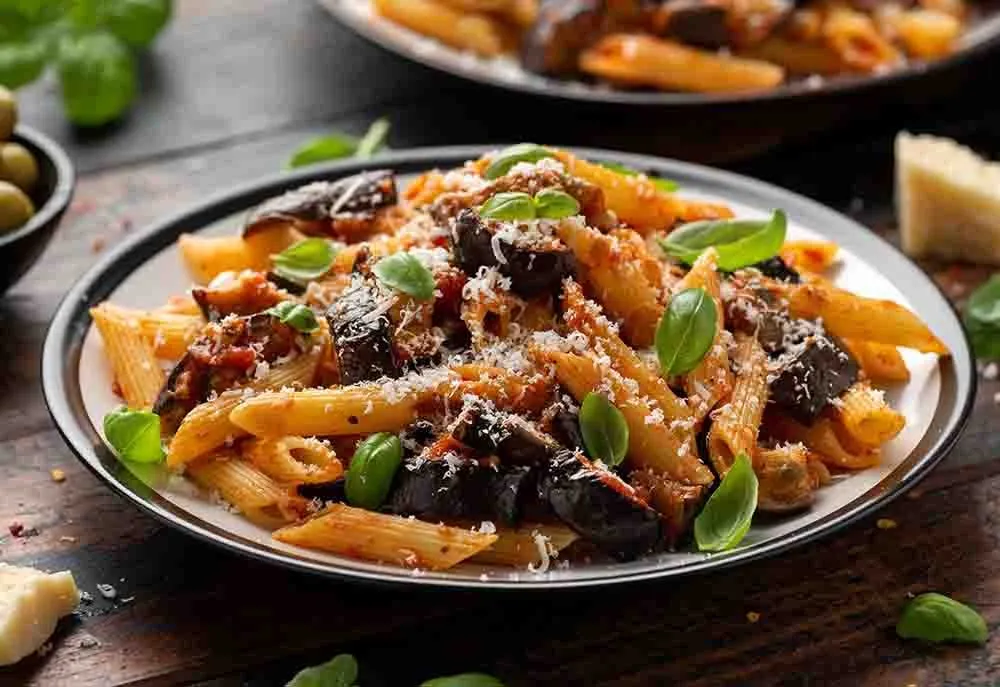 sycylijskie danie Pasta alla Norma z bakłażanem
