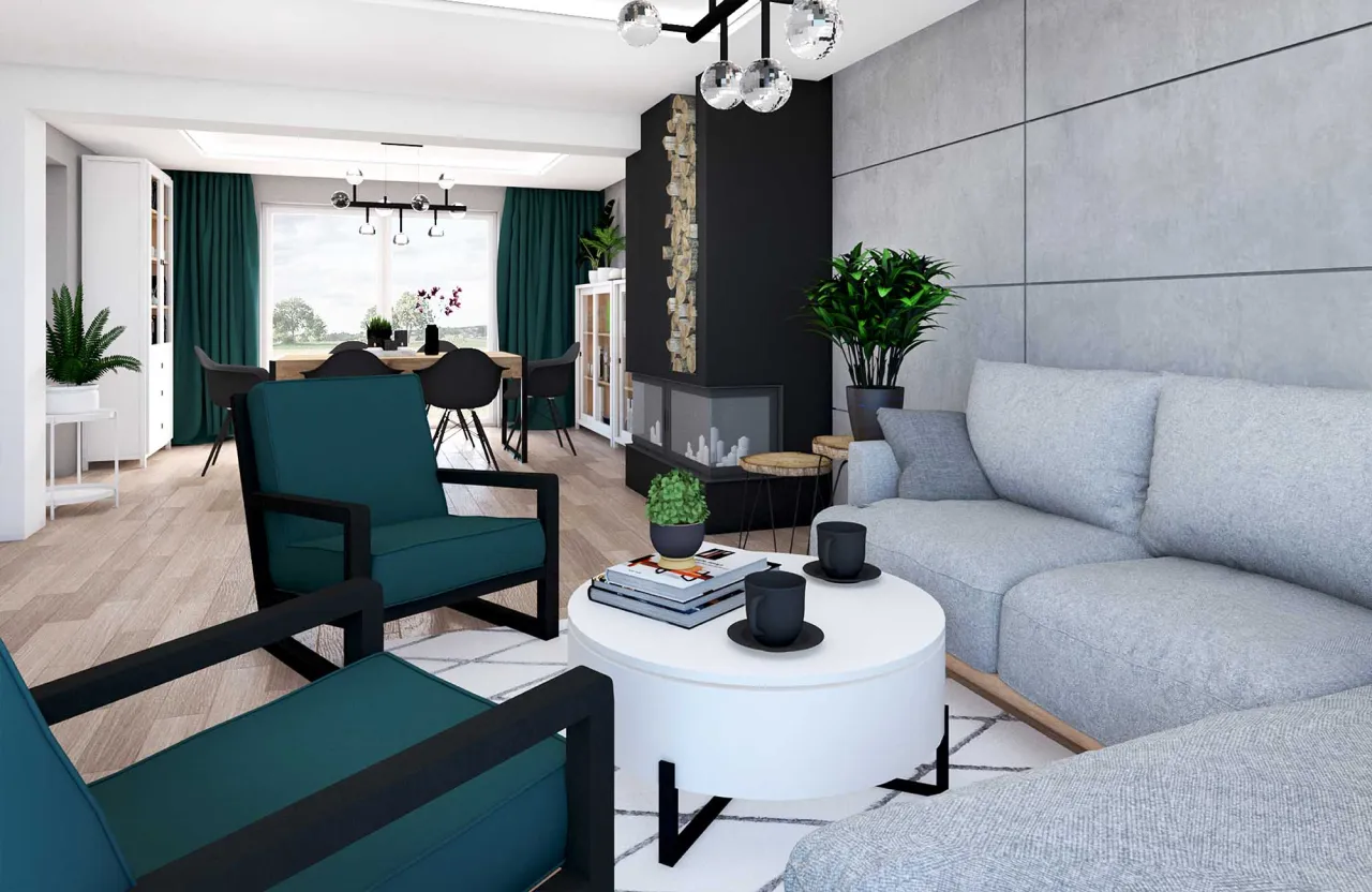 Butelkowa zieleń zasłony szara kanapa aranżacje