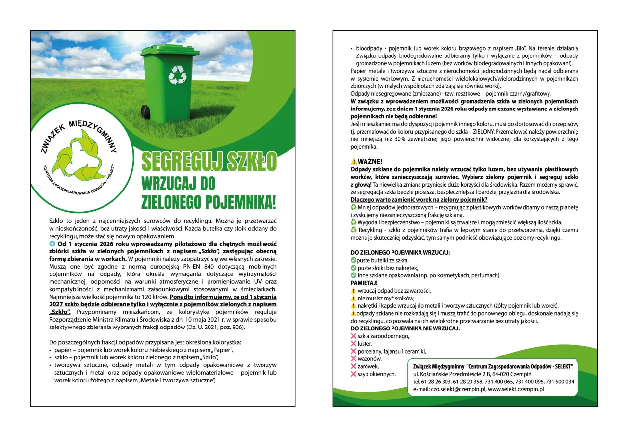 Zielony pojemnik na śmieci, do kt&oacute;rego wrzucamy szkło. Informuje o segregacji odpad&oacute;w szklanych.