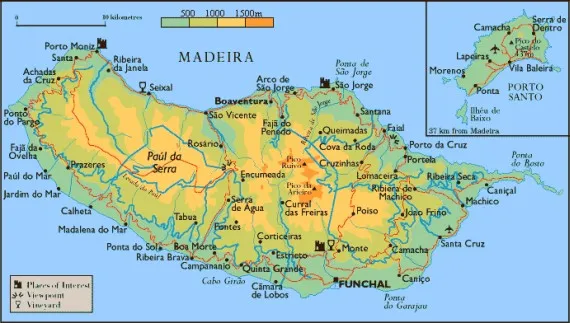 Mapa Madery z podziałem na regiony i główne miejscowości