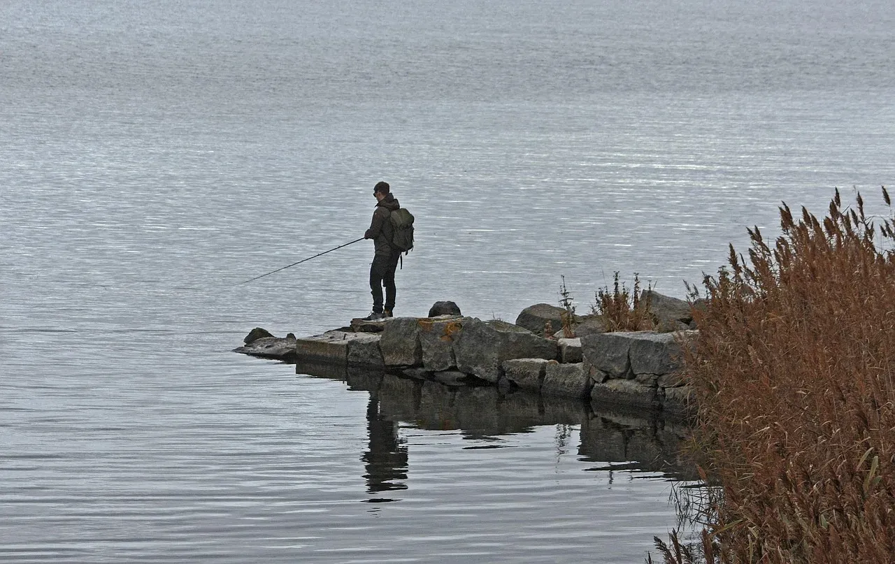 Mężczyzna z plecakiem łowi ryby na kamienistym brzegu. Zastanawia się, jaką wędkę kupić, by złowić największego okonia.