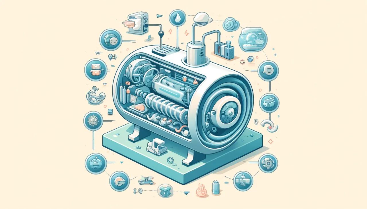 Schematyczny przekr&oacute;j urządzenia, kt&oacute;re może być związane z GWP (Global Warming Potential). Wok&oacute;ł niego ikony symbolizujące r&oacute;żne procesy i technologie.