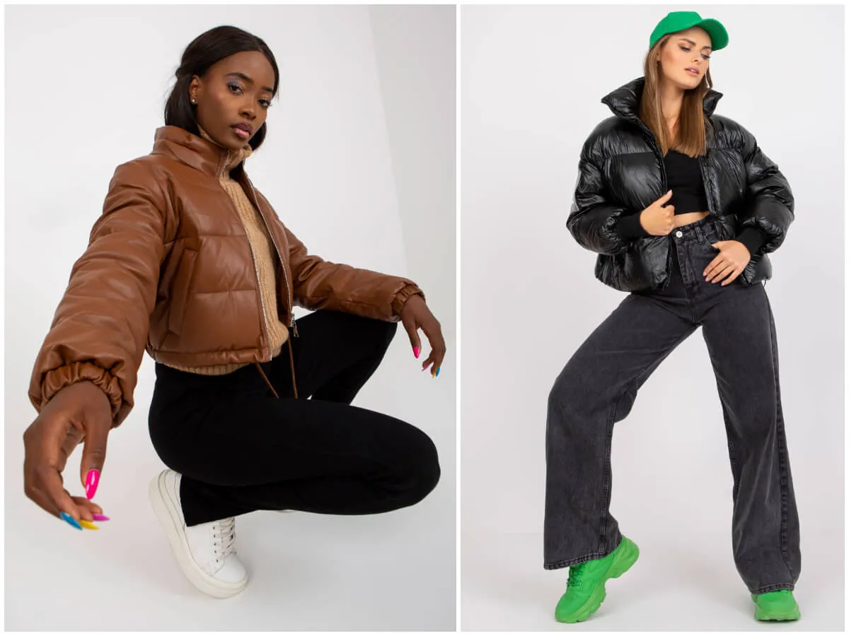 zimowa stylizacja szerokie spodnie kr&oacute;tka kurtka puchowa