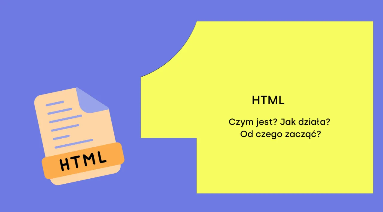 Ilustracja przedstawia plik z napisem HTML i pytania: 