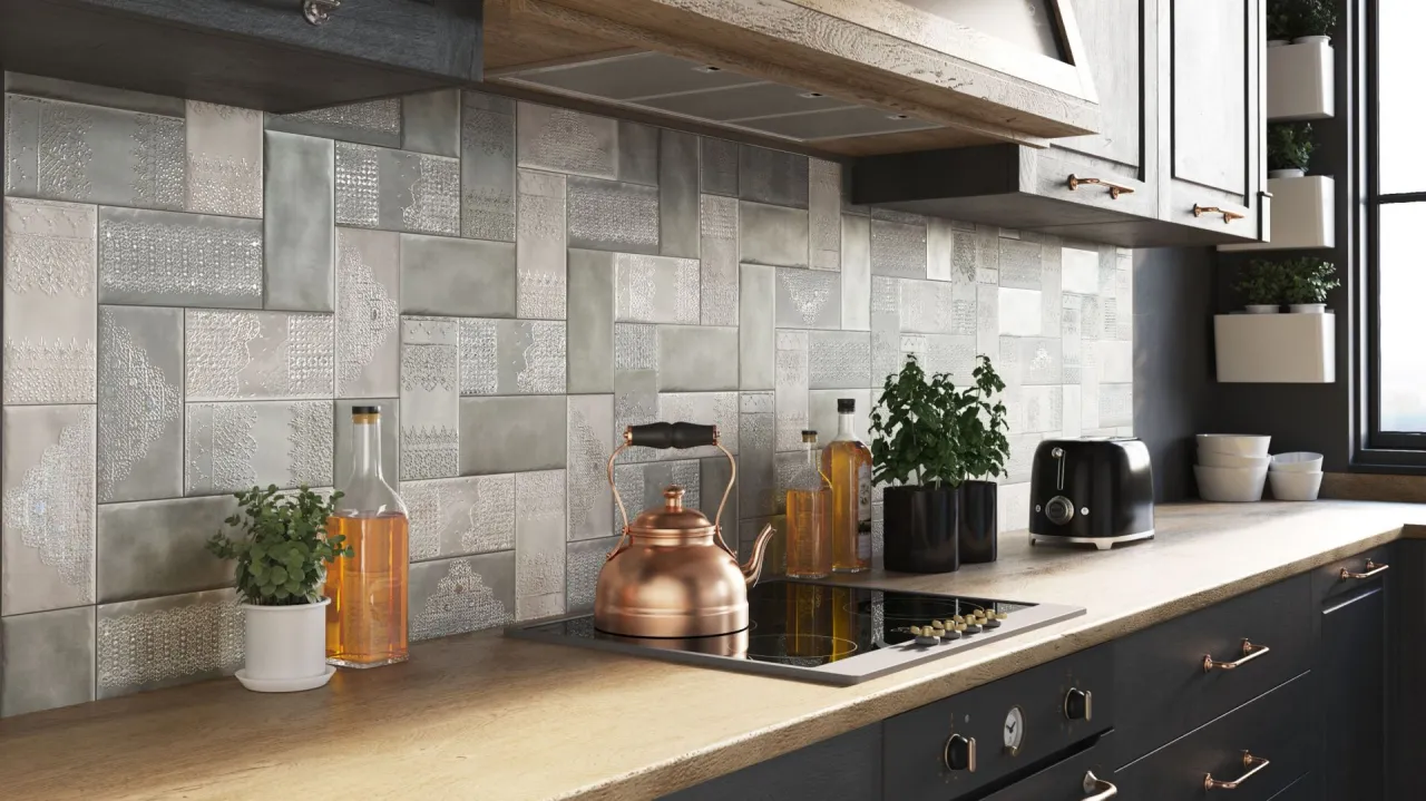 Wzorzyste płytki szara kuchnia