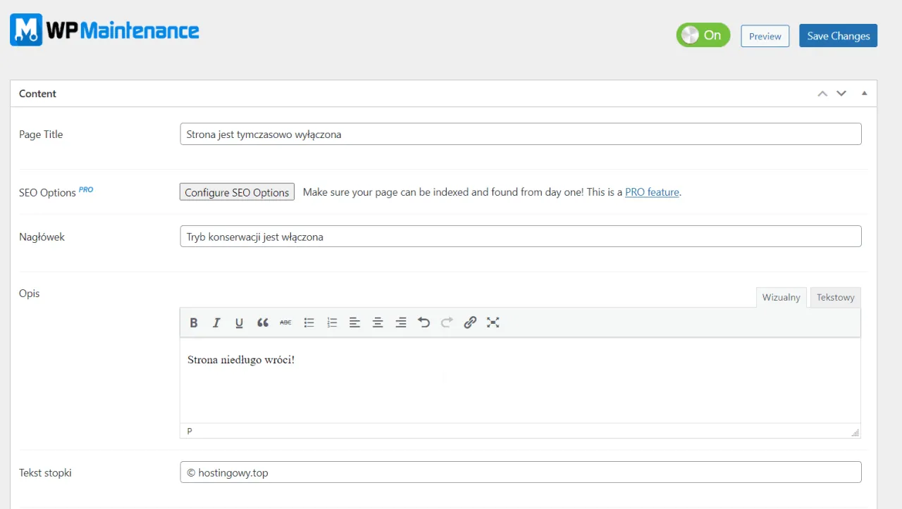 Panel WP Maintenance. Ustawienia strony: tytuł 