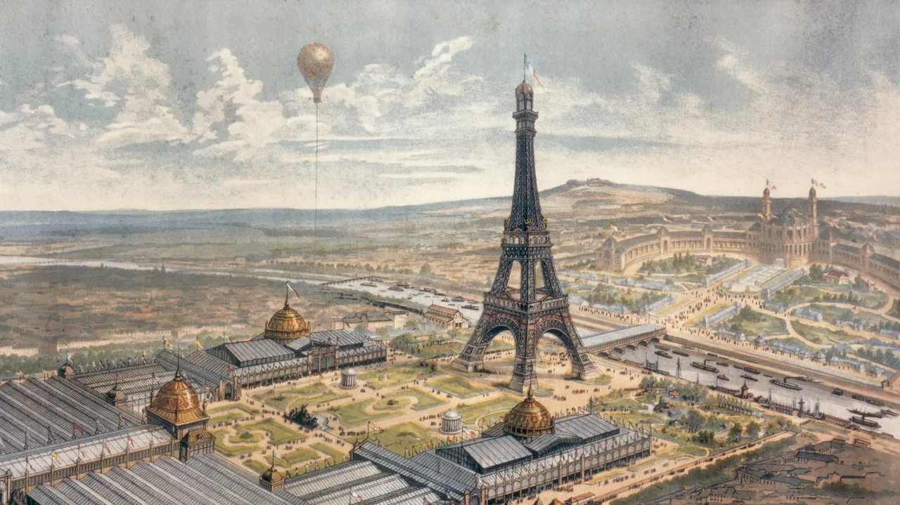 Widok Paryża z balonem i Wieżą Eiffla. Obraz przedstawia wystawę światową, gdzie można zobaczyć, ile lat ma Wieża Eiffla.