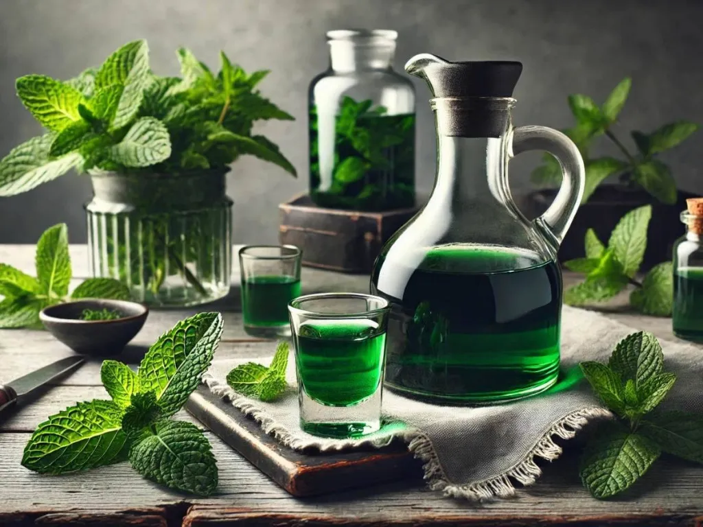 świeża mięta do nalewki, spirytus, miód, cukier