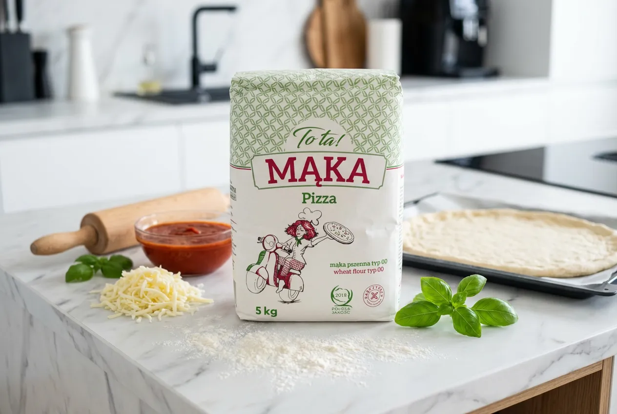 Idealna mąka do pizzy typu 00 na blacie kuchennym, obok sosu, sera i świeżej bazylii.