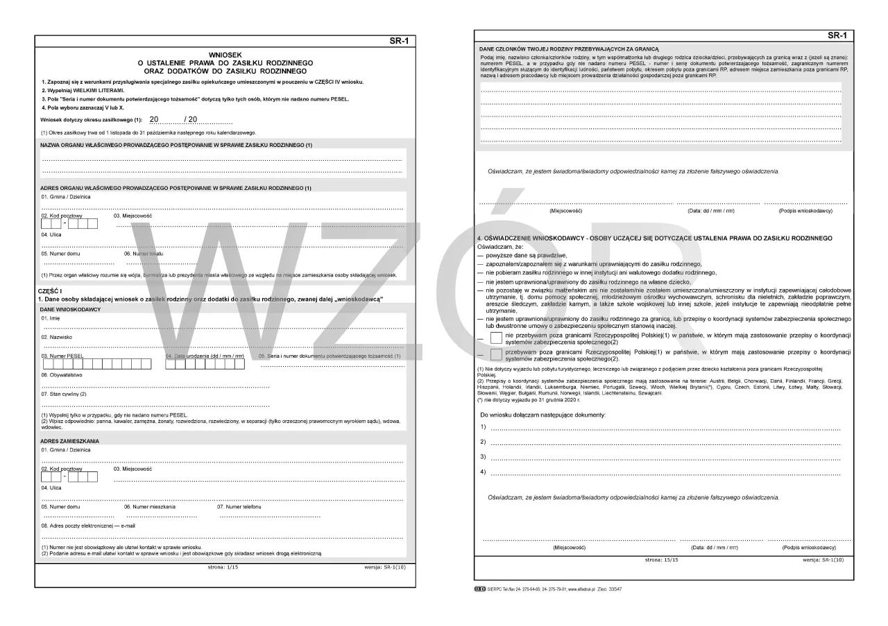 formularz SR-1 wypełniony, wniosek o zasiłek rodzinny wzór