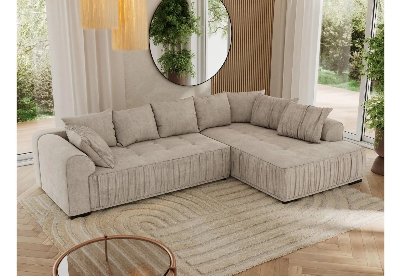 Przytulny narożnik z siatką ozdobną, idealny do salonu. Miękkie poduszki zapraszają do relaksu.