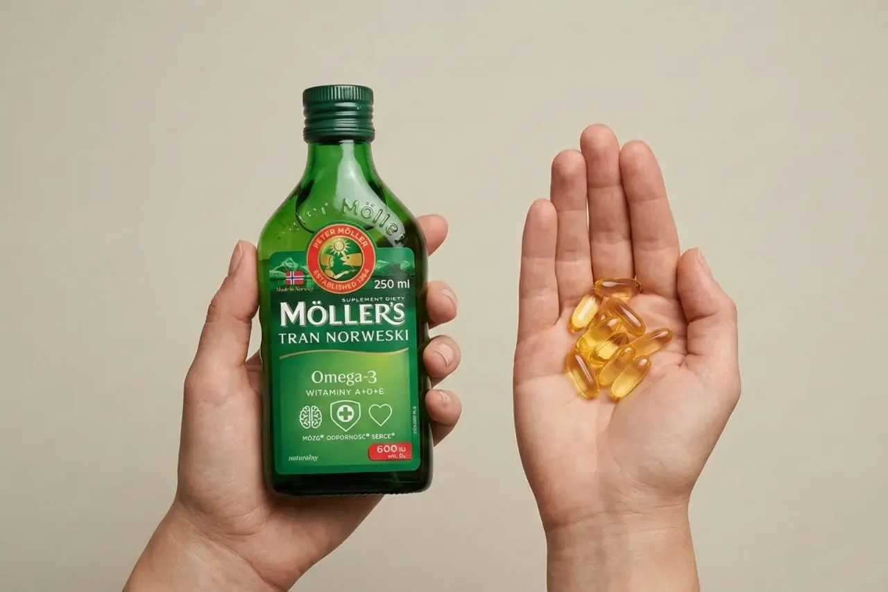 Dwie dłonie trzymają butelkę zielonego M&ouml;ller's tran norweski i garść kapsułek z tranem rybim.