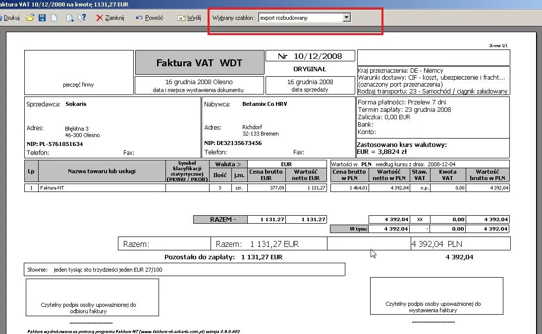 przykładowa faktura WDT z zaznaczonymi obowiązkowymi polami