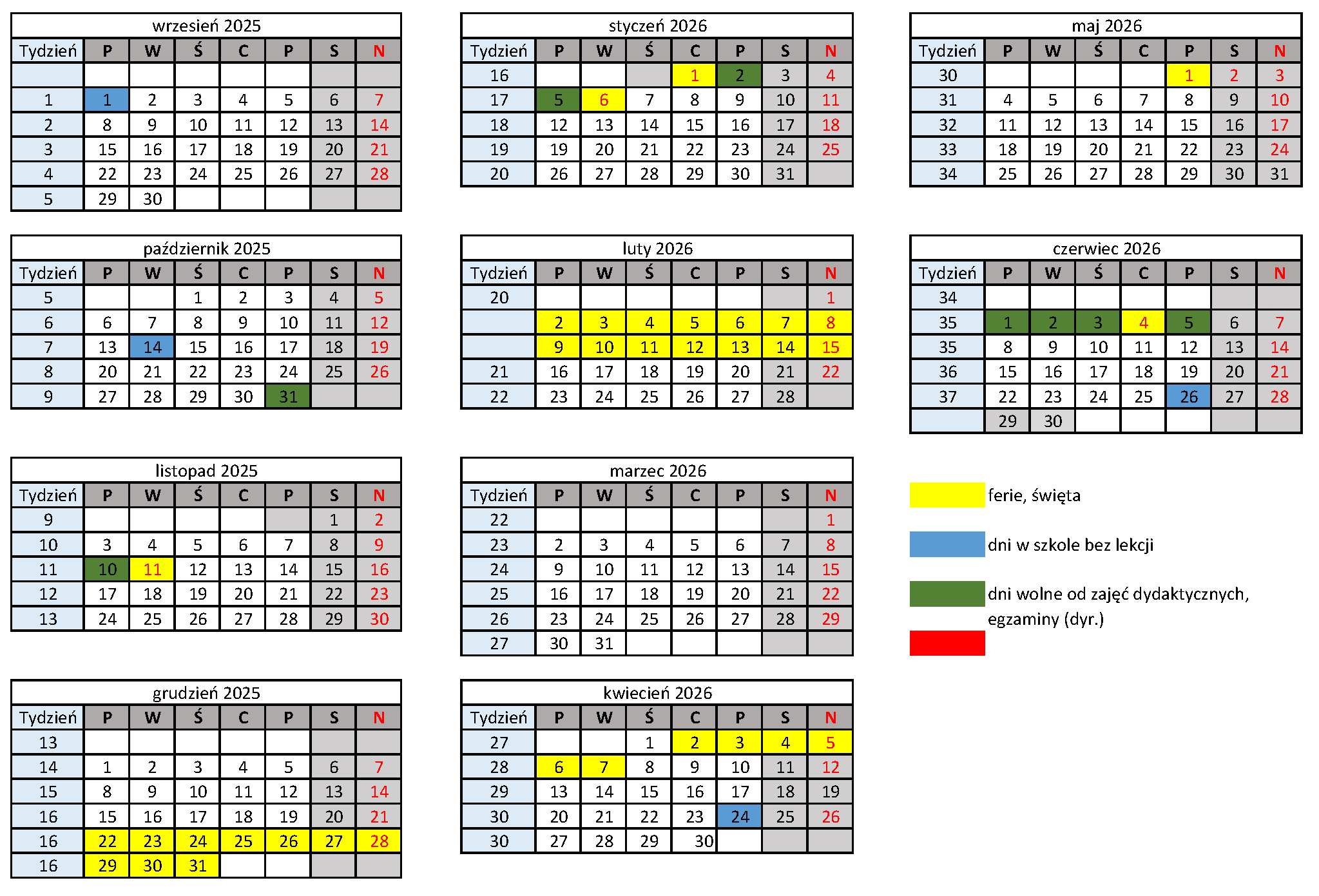 Kalendarz roku szkolnego 2025/2026 z zaznaczonymi dniami wolnymi