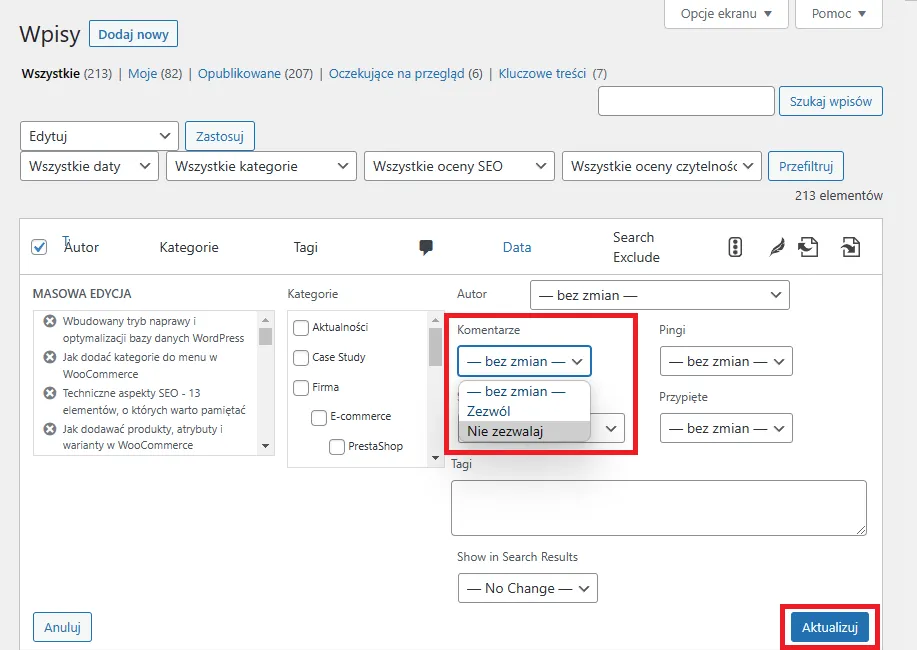WordPress masowa edycja wyłączanie komentarzy