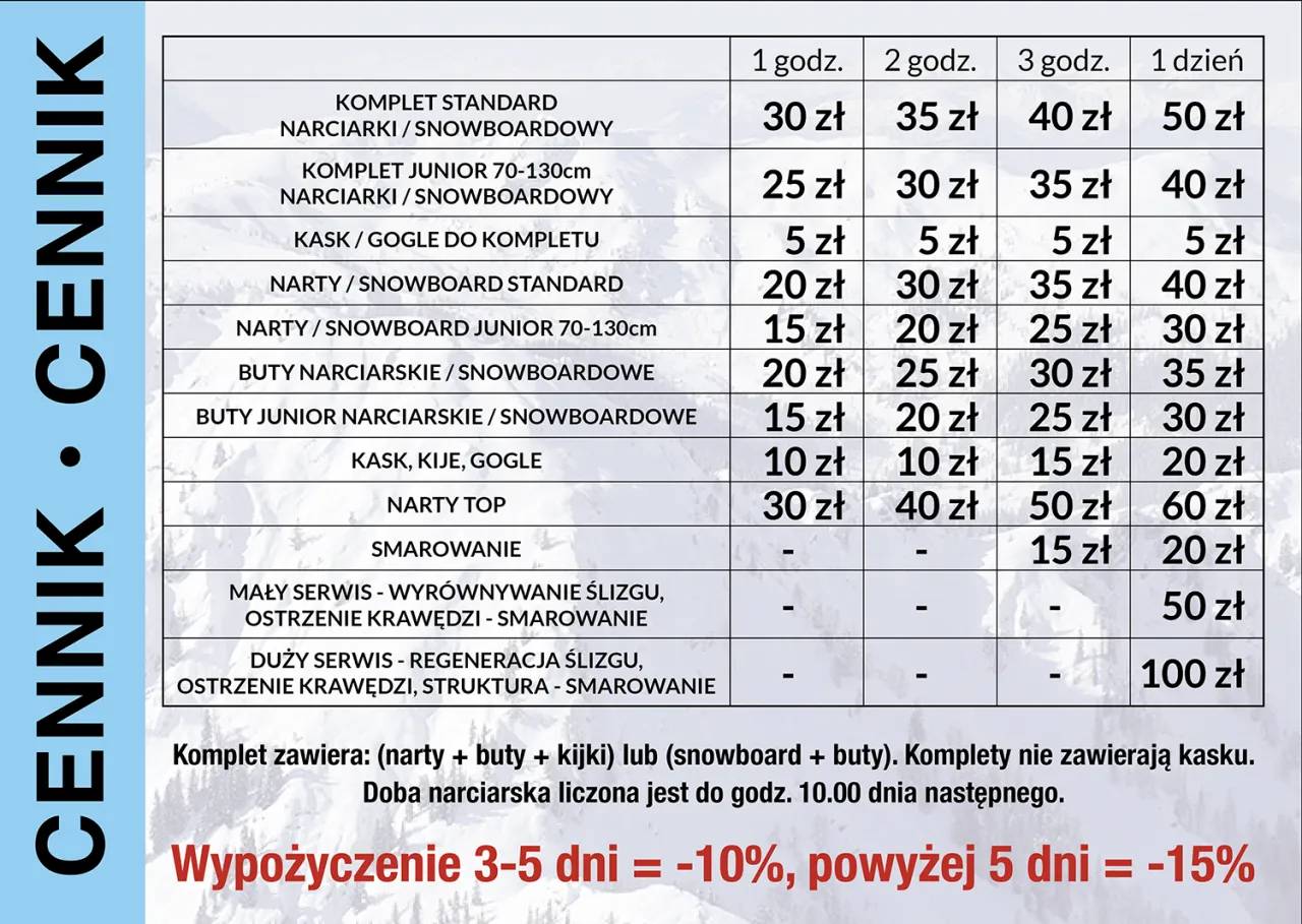 Cennik wypożyczenia sprzętu narciarskiego i snowboardowego. Ile kosztuje wypożyczenie snowboardu? Od 20 zł za godzinę, do 40 zł za dzień.