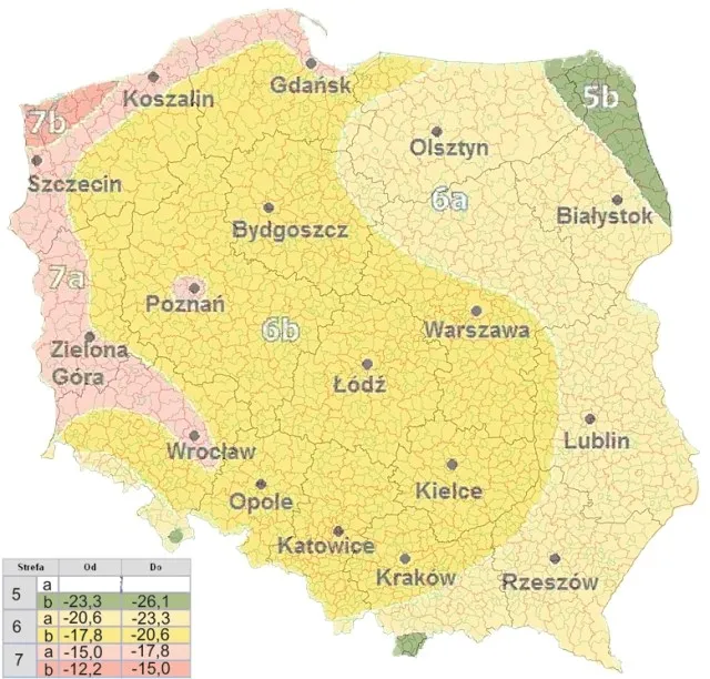Mapa stref mrozoodporności roślin Polska