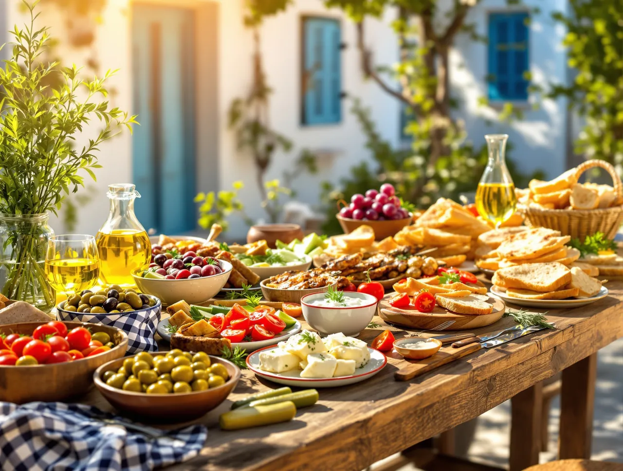 Co zjeść na Krecie? Obfity stół z oliwkami, serem feta, pomidorkami, chlebem, grillowanymi szaszłykami i winogronami.